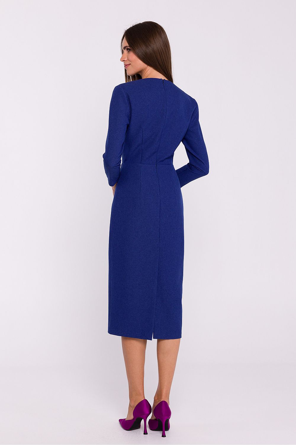 Side view of the Elegant Midi Pencil Dress by Stylove, highlighting the covered zipper and tailored fit.