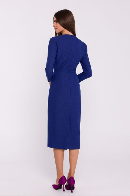 Side view of the Elegant Midi Pencil Dress by Stylove, highlighting the covered zipper and tailored fit.