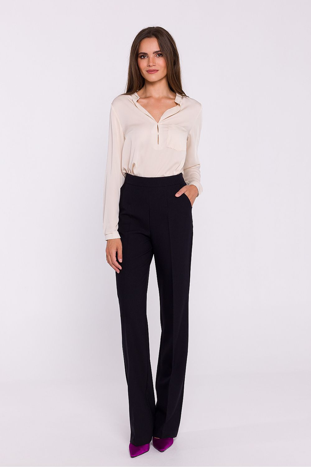 High-quality women's flared trousers by Stylove, showcasing luxurious polyester and spandex fabric, ideal for work and special occasions.