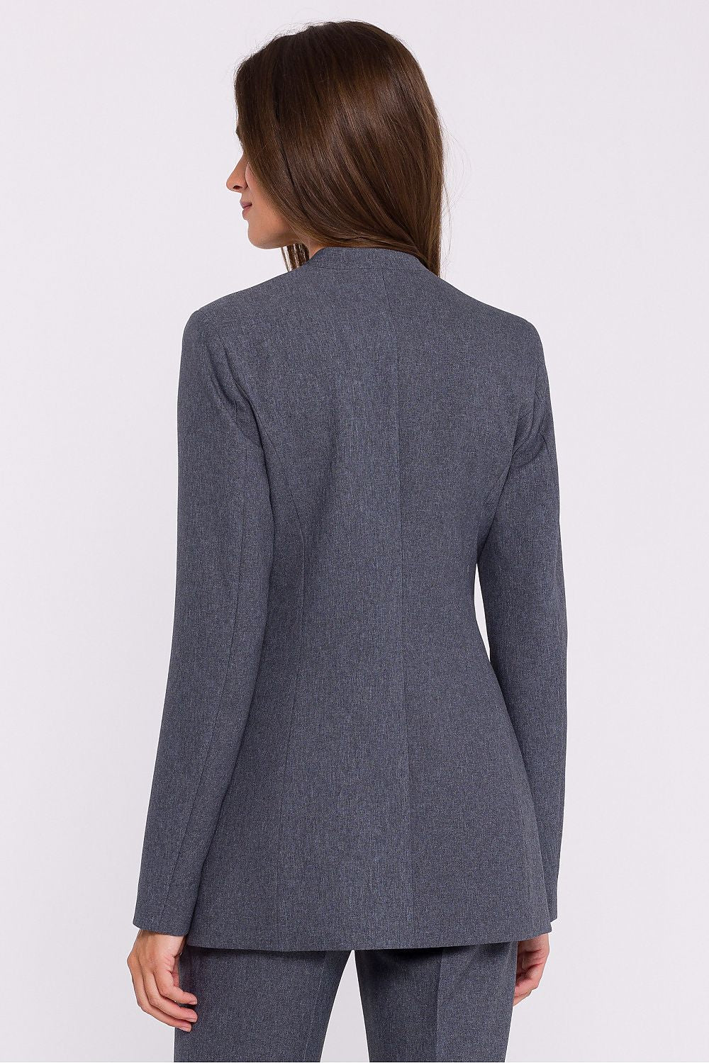 Stylove slim fit women's jacket worn, demonstrating the elegant fit and floral decorative accent, perfect for sophisticated ladies.