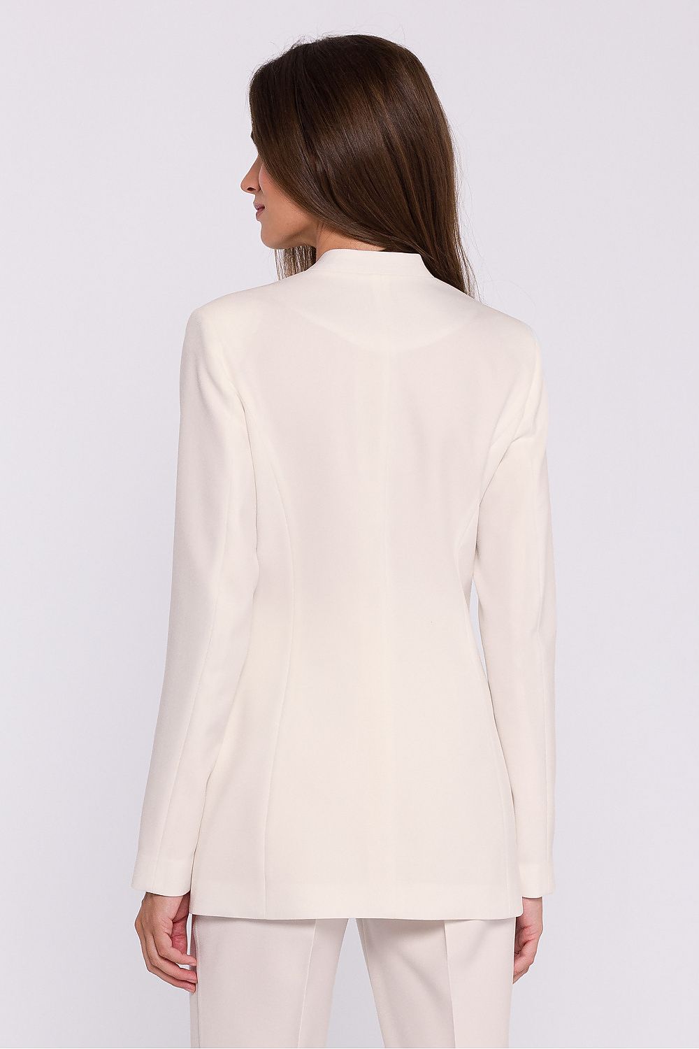 Stylish women's slim fit woven jacket by Stylove featuring unique floral accent, collarless design, and modern minimalist elegance.