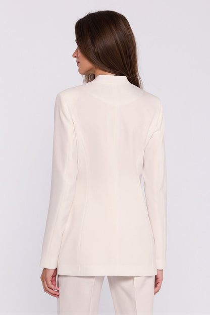 Stylish women's slim fit woven jacket by Stylove featuring unique floral accent, collarless design, and modern minimalist elegance.