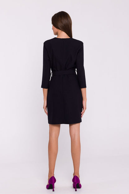 Stylove elegant daydress featuring a sophisticated V-neckline and chic belt detail, showcasing its below-the-knee length for a luxurious look.