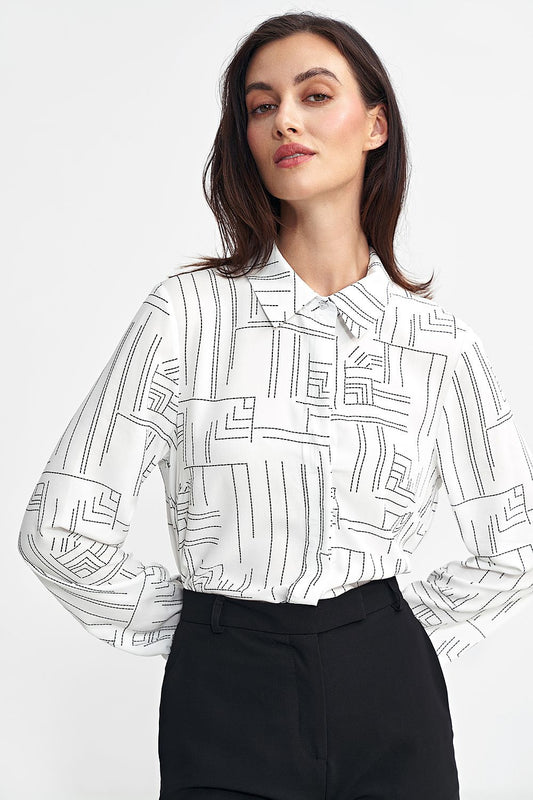Nife Women's Regular-Fit Long Sleeve Shirt in luxurious viscose with a minimalist geometric pattern, perfect for elegant everyday styling.
