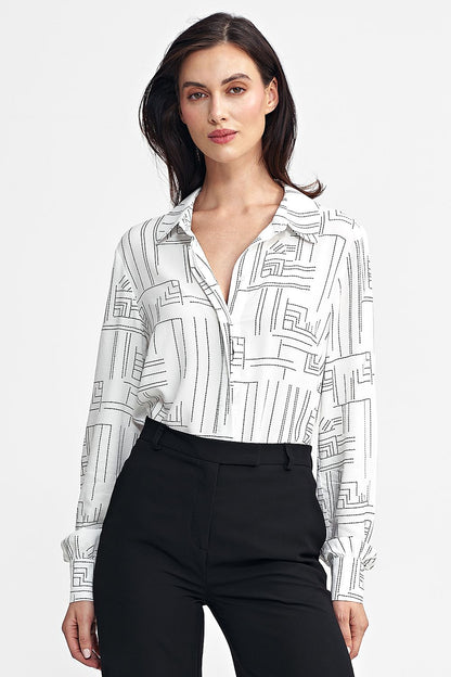 Nife Women's Long Sleeve Shirt featuring a sophisticated minimalist geometric design, crafted from premium viscose for comfort and elegance.