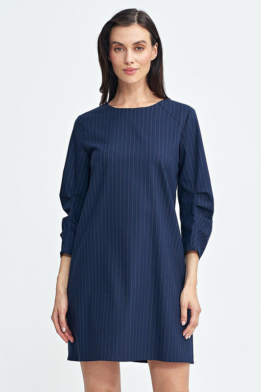 Elegant A-Line daydress with 3/4 sleeves and contrasting tennis stripes by Nife, showcasing a relaxed fit and classic round neckline, perfect for sophisticated occasions.
