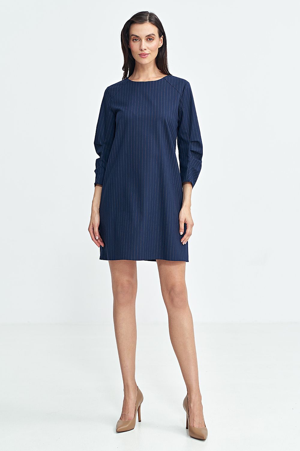 Elegant A-Line Daydress by Nife features 3/4 sleeves and striking contrasting tennis stripes in a luxurious fabric, perfect for stylish day outings.