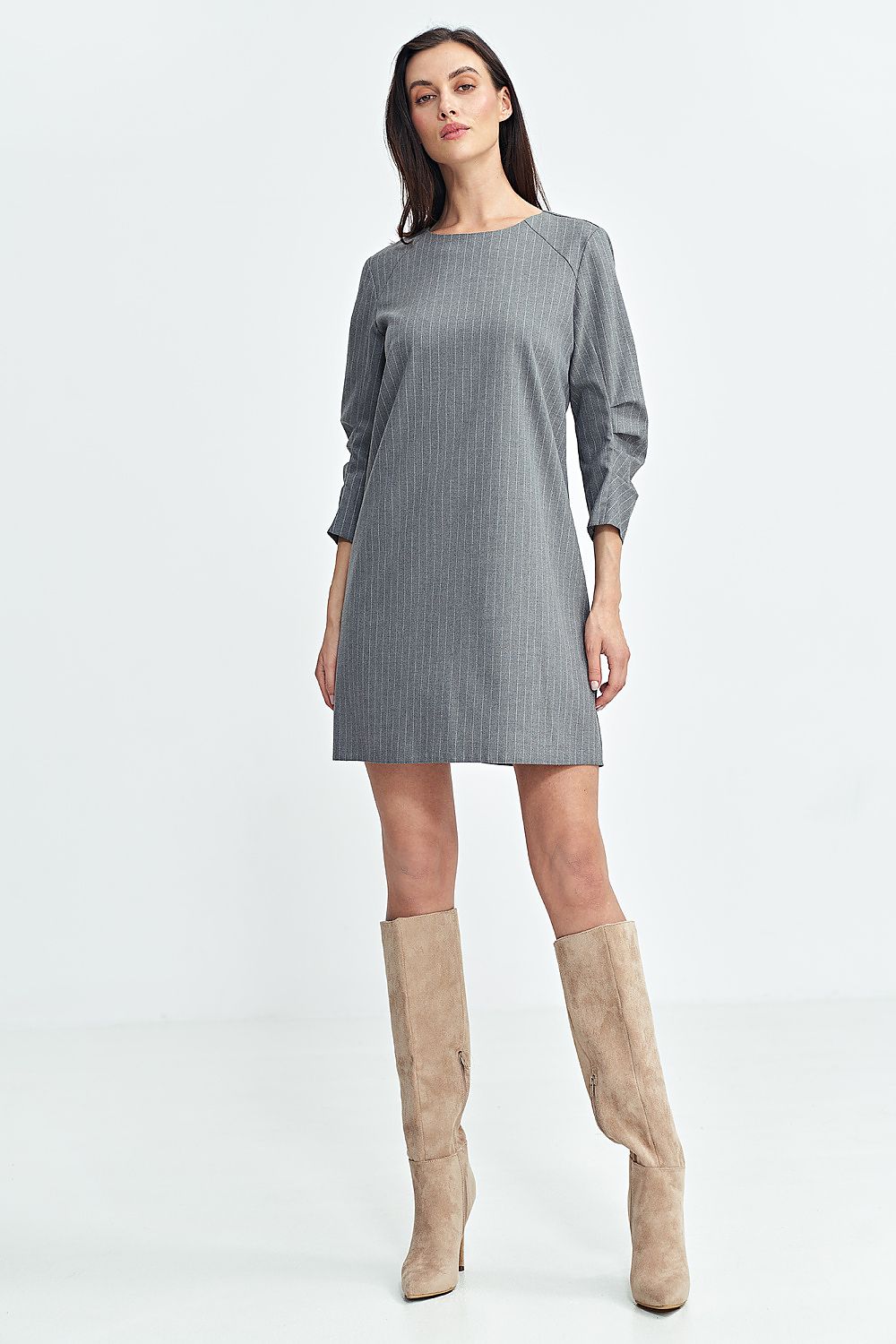 Stylish A-Line Daydress by Nife, showcasing a classic round neckline, 3/4 sleeves with pleats, and a flattering silhouette.