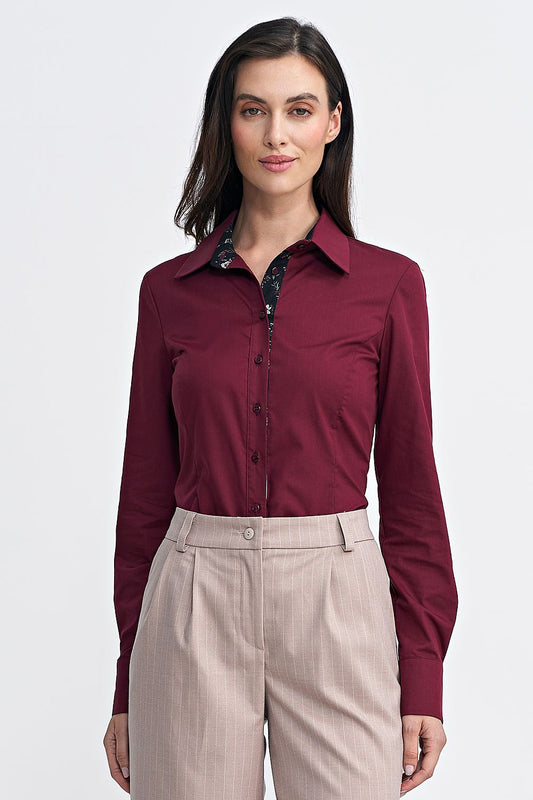 Elegant Nife women's long sleeve slim-fit shirt featuring a classic collar and intricate floral inserts, perfect for a stylish yet formal look.