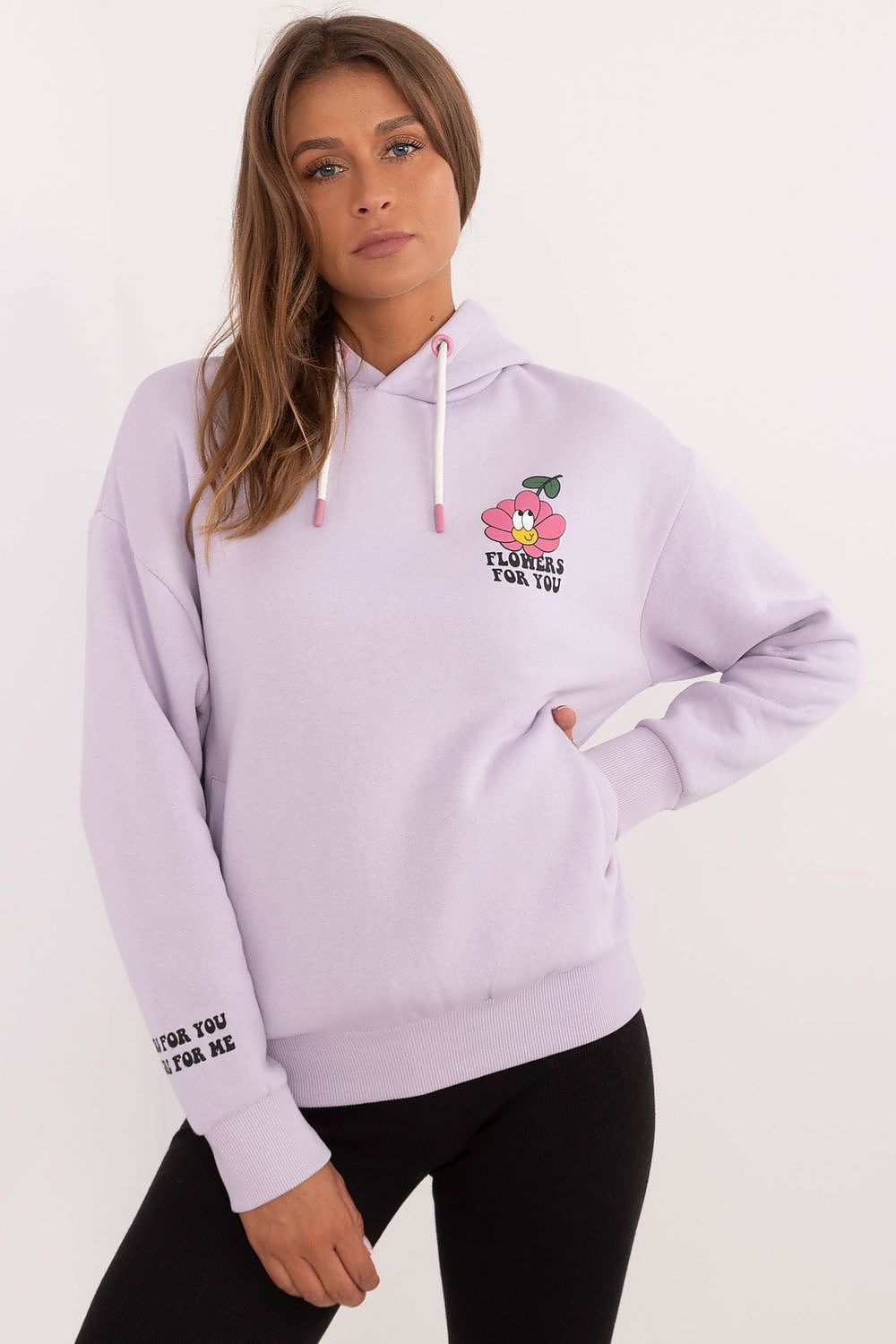 Chic women's luxurious Sublevel sweatshirt featuring a stylish hood, practical pockets, and trendy prints, made from a comfortable cotton-polyester blend for everyday elegance.