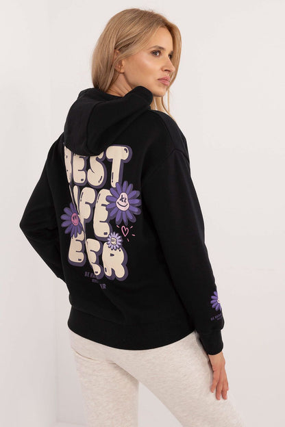 Stylish women's sweatshirt by Sublevel in a soft cotton-polyester blend, designed with a hood, pockets, and contemporary prints for a sophisticated look.