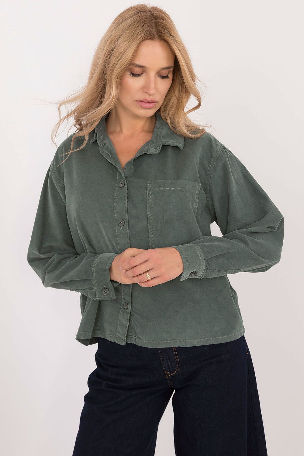 Elegant long sleeve cotton shirt for women by Sublevel, featuring a classic collar and button closure, perfect for casual and work wear, showcasing breathable fabric and a practical front pocket.