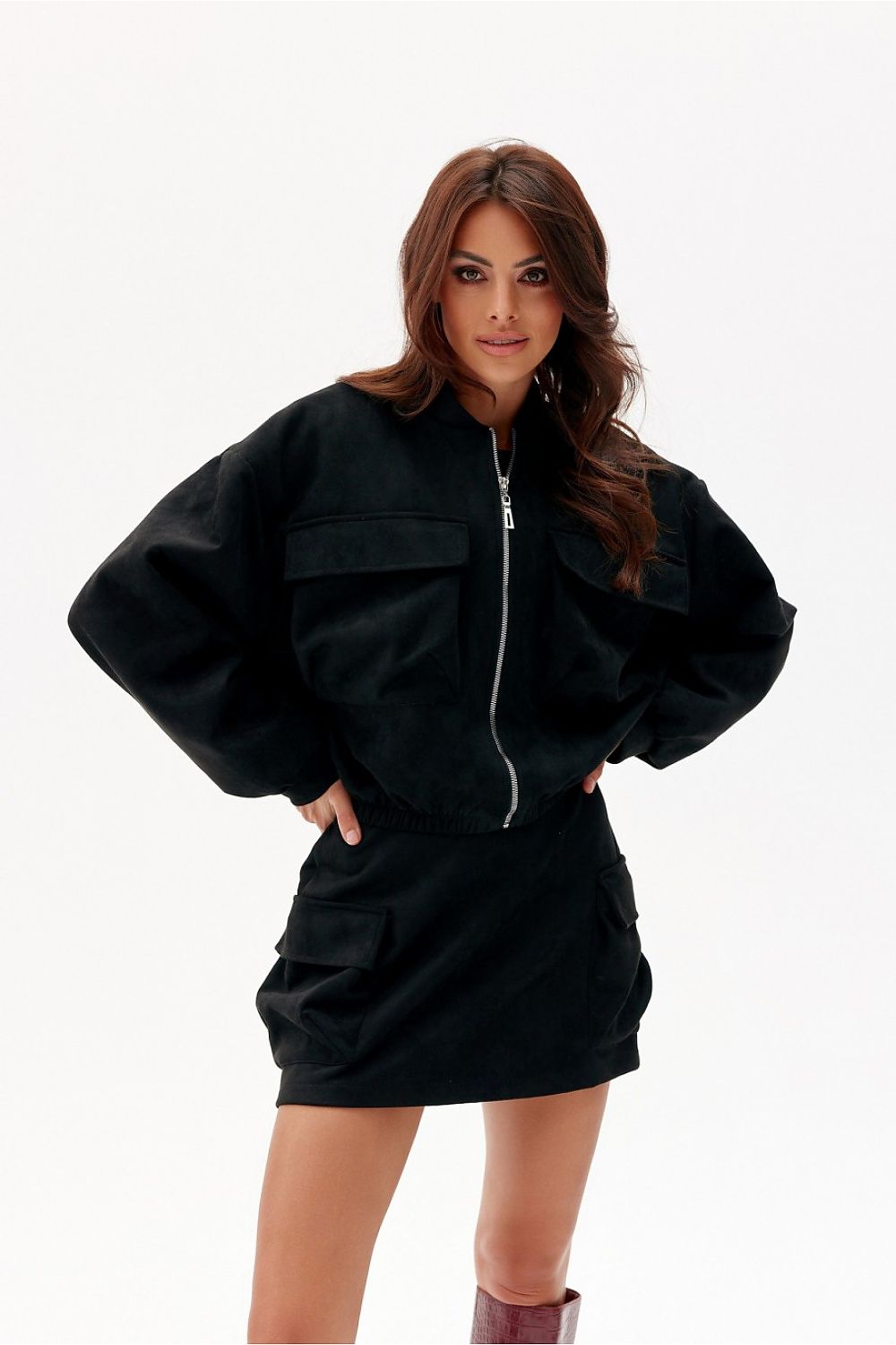 Model wearing the Erice Premium Suede Jacket by Roco Fashion, highlighting the jacket's shorter cut and stylish silhouette for an elegant look.