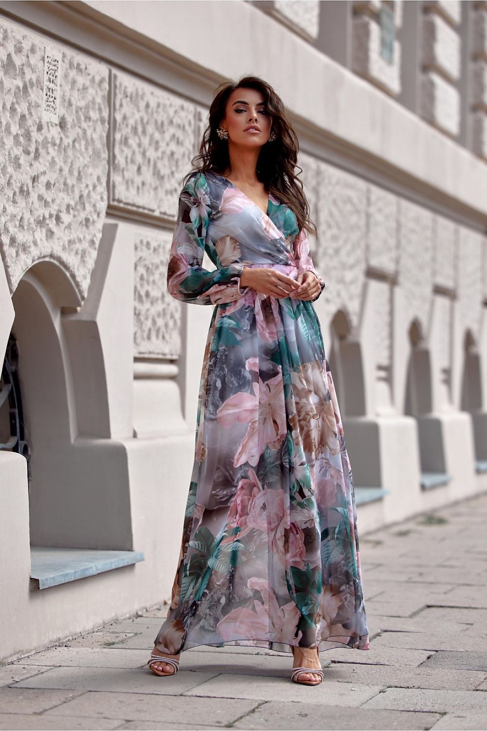 Premium quality polyester maxi dress by Roco Fashion, elegant design with back cutout and zipper closure.