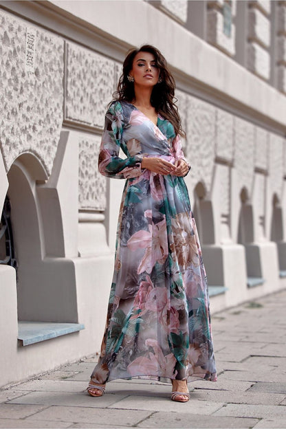 Premium quality polyester maxi dress by Roco Fashion, elegant design with back cutout and zipper closure.