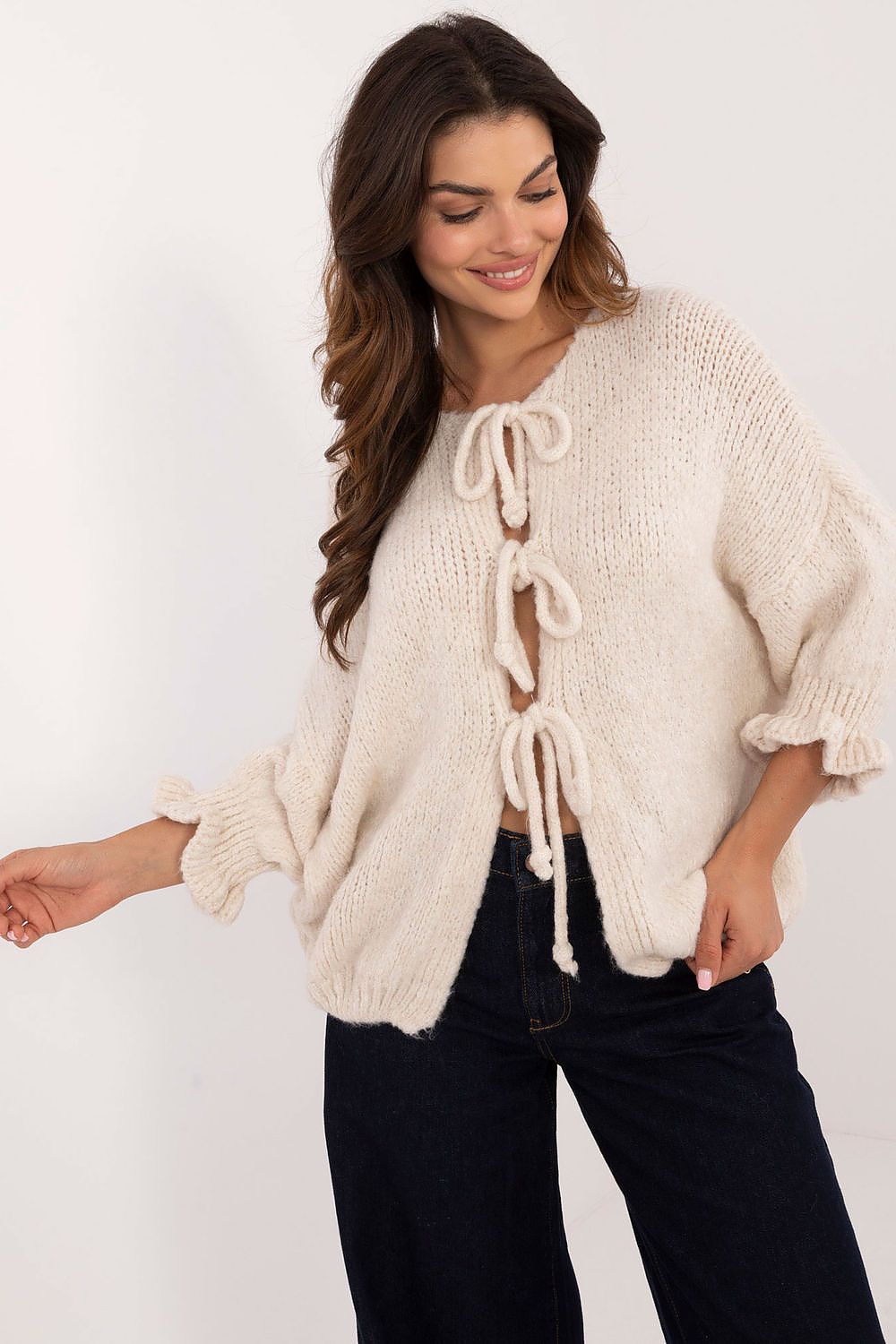 Elegant Women's Casual Cardigan Sweater by Italy Moda featuring a three-tie binding and stylish 3/4 sleeves, perfect for chic everyday wear.