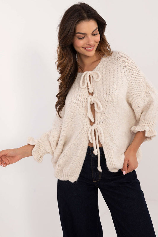 Elegant Women's Casual Cardigan Sweater by Italy Moda featuring a three-tie binding and stylish 3/4 sleeves, perfect for chic everyday wear.