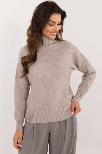 Close-up view of the textured fabric of the half turtleneck sweater for women by AT, highlighting the warmth and comfort of the acrylic-polyester blend.