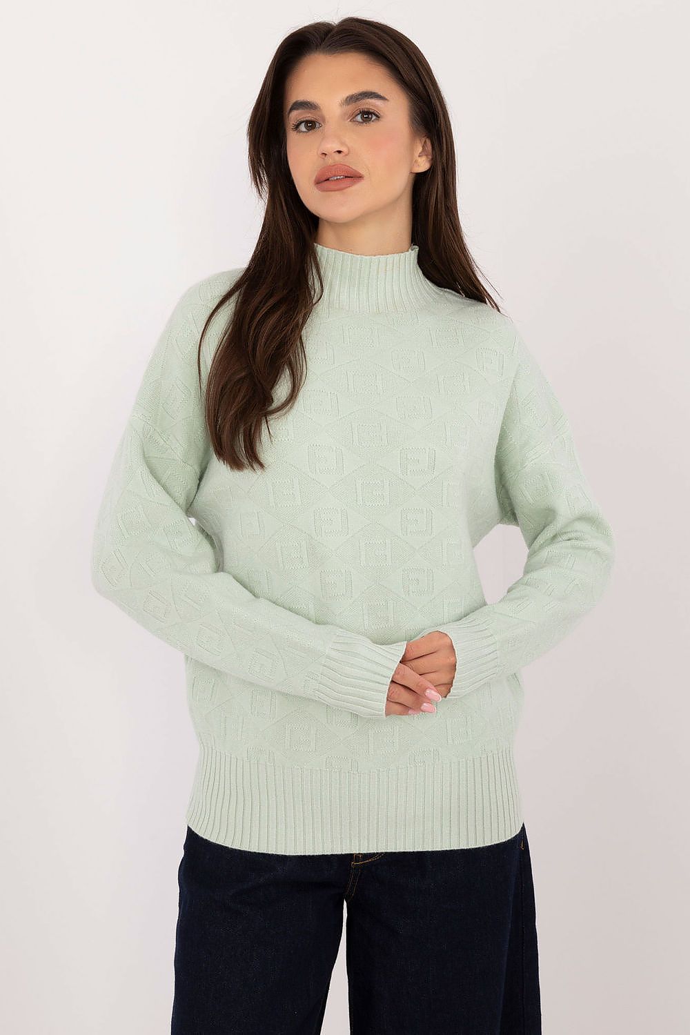 Front view of the luxurious casual half turtleneck jumper by AT, designed for women who appreciate elegance in everyday fashion.