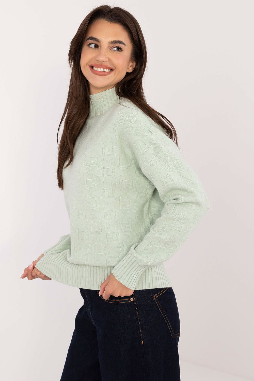 Luxury elegant casual half turtleneck jumper for women by AT, showcasing a warm acrylic-polyester blend in a chic design.