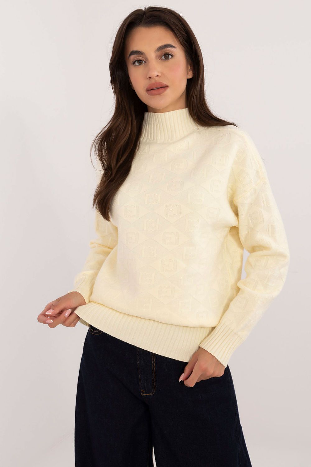 Close-up of the unique texture of the elegant casual half turtleneck jumper by AT, highlighting its high-quality acrylic and polyester fabric.