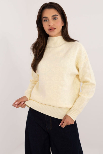 Close-up of the unique texture of the elegant casual half turtleneck jumper by AT, highlighting its high-quality acrylic and polyester fabric.