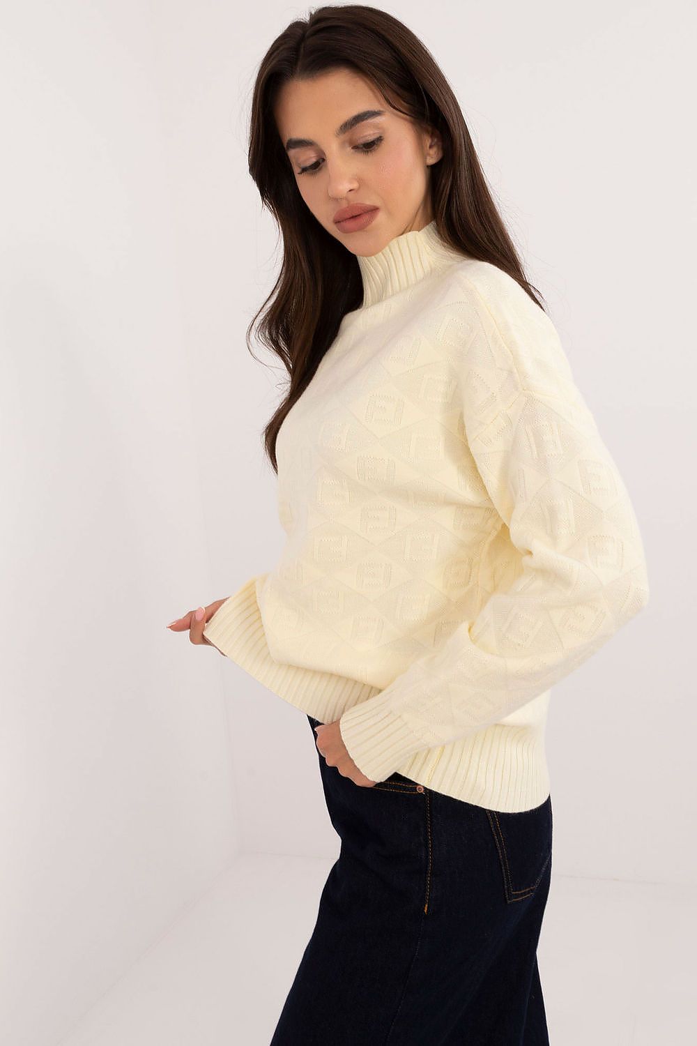 Women’s versatile knitted sweater by AT, designed with a half turtleneck and long sleeves for ultimate warmth and style during colder days.