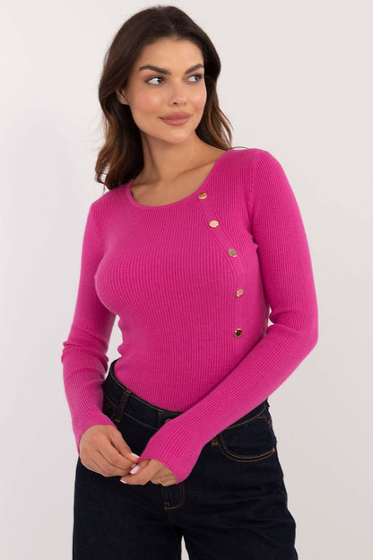 Elegant ribbed women's sweater by AT, designed with long sleeves and decorative buttons, ideal for both casual and professional settings.