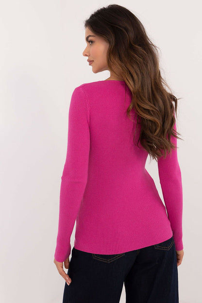 Elegant women's casual sweater by AT featuring decorative buttons and a round neckline, made from a luxurious viscose, polyester, and polyamide blend.