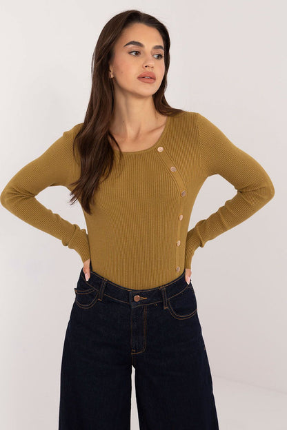 Stylish long-sleeve women's sweater by AT, showcasing a smooth ribbed material with decorative buttons, perfect for casual or work wear.
