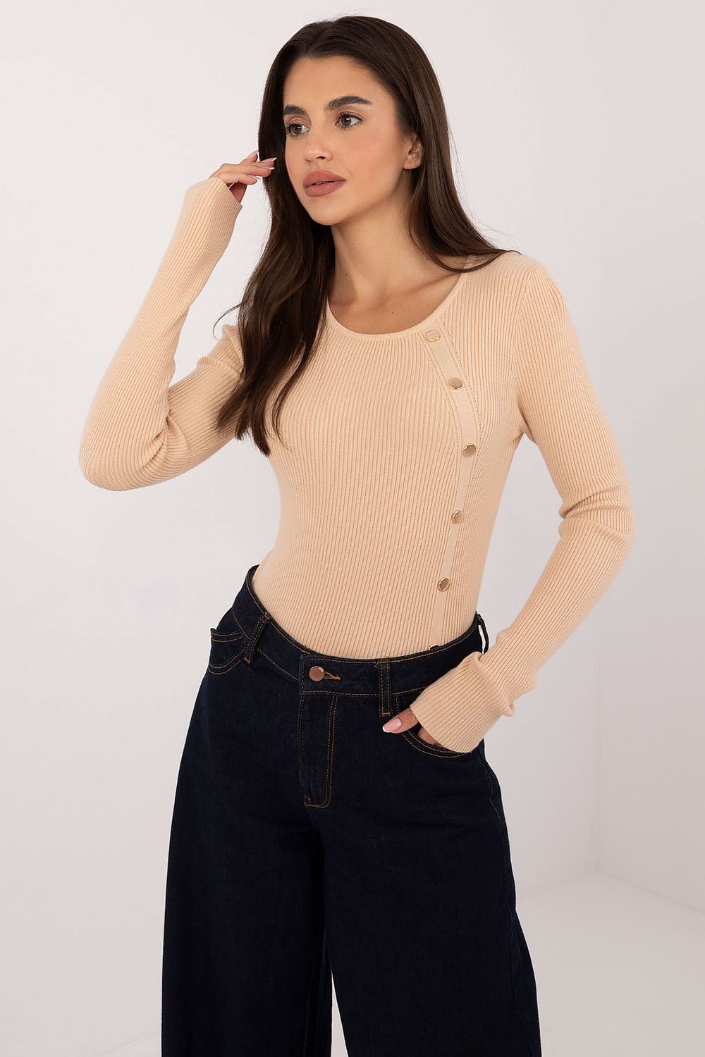 Luxurious women's sweater by AT, designed with a feminine touch, featuring long sleeves and decorative buttons for an elevated casual look.