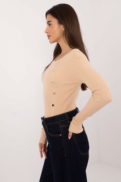 Elegant women's casual sweater by AT featuring decorative buttons and a round neckline, crafted from a luxurious blend of viscose, polyester, and polyamide.