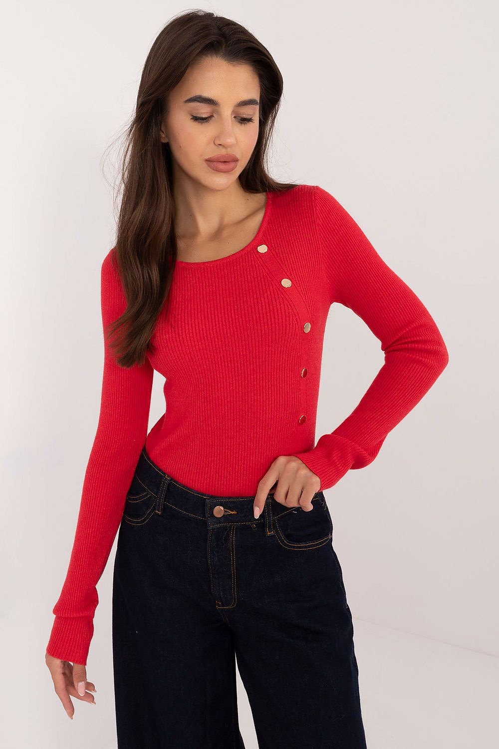 Sophisticated ribbed casual sweater for women by AT, showcasing a classic round neckline and tasteful decorative buttons, perfect for stylish everyday wear.