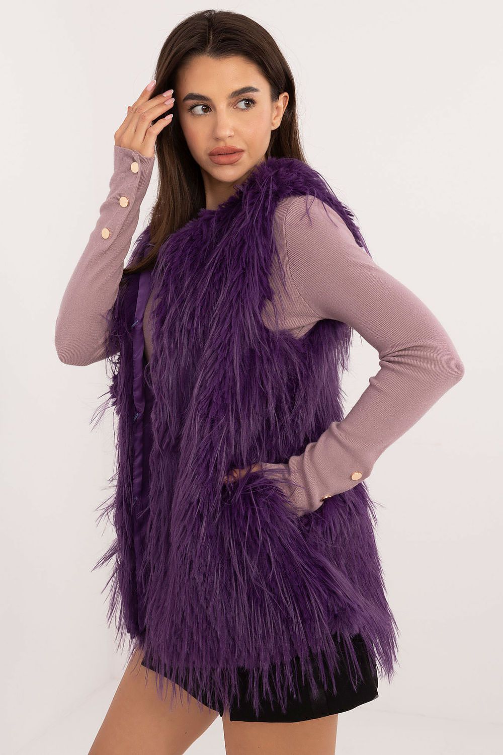 Luxurious Hoodless Fur Vest for Women by AT - Perfect for layering, showcasing a chic design and impeccable insulation for colder days.