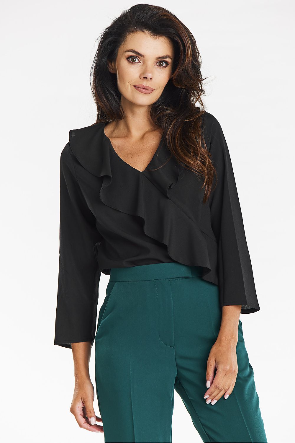 Elegant Awama blouse featuring a sophisticated V neckline and delicate ruffles, perfect for formal occasions.