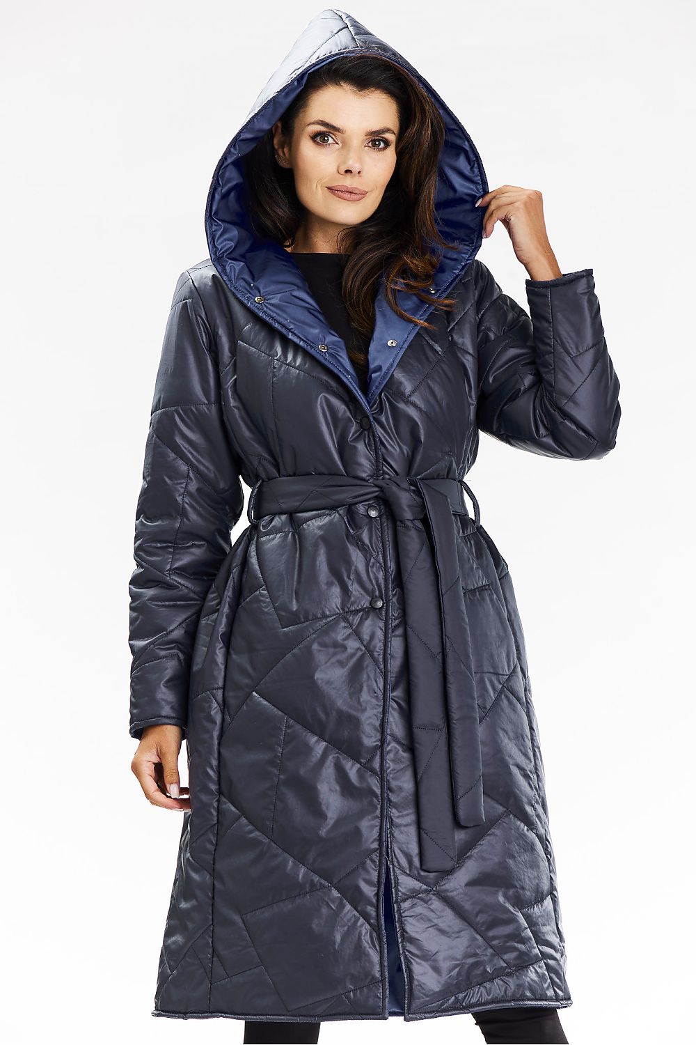 Elegant long navy blue hooded coat by Awama, featuring a starry sky lining and waist belt, perfect for autumn and winter fashion.