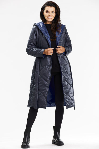 Awama long navy blue hooded coat featuring a starry sky lining, designed for elegance and functionality, perfect for autumn and winter.