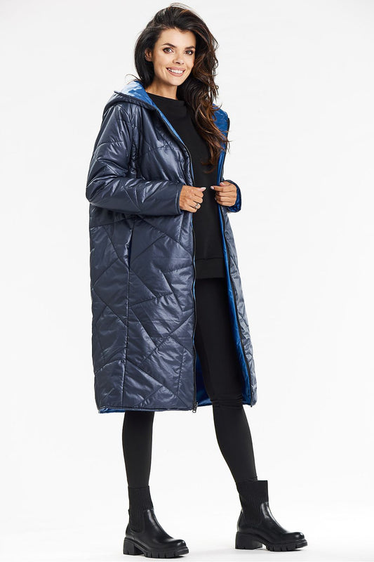 Awama's luxurious double-sided hooded coat with zipper and slip pockets. Perfect for style and functionality, showcasing a classic look and a striking starry pattern.