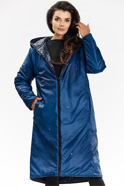 Elegant double-sided hooded coat by Awama, featuring a stylish zipper and plush slip pockets, perfect for luxurious winter fashion.