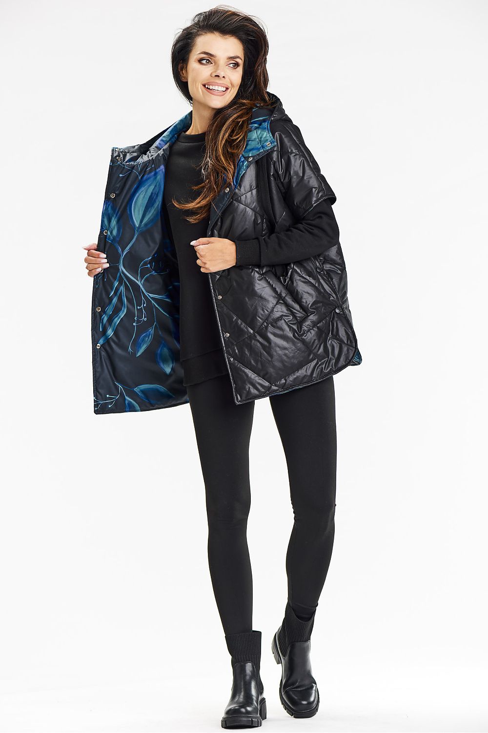 Versatile and stylish hooded kimono vest from Awama, elegantly designed with practical press studs for effortless wear.