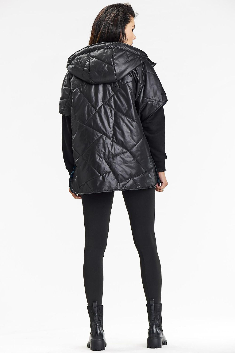 Elegant hooded kimono vest by Awama, showcasing a stylish design with press studs, made from 100% comfortable polyester, perfect for luxury daily wear.