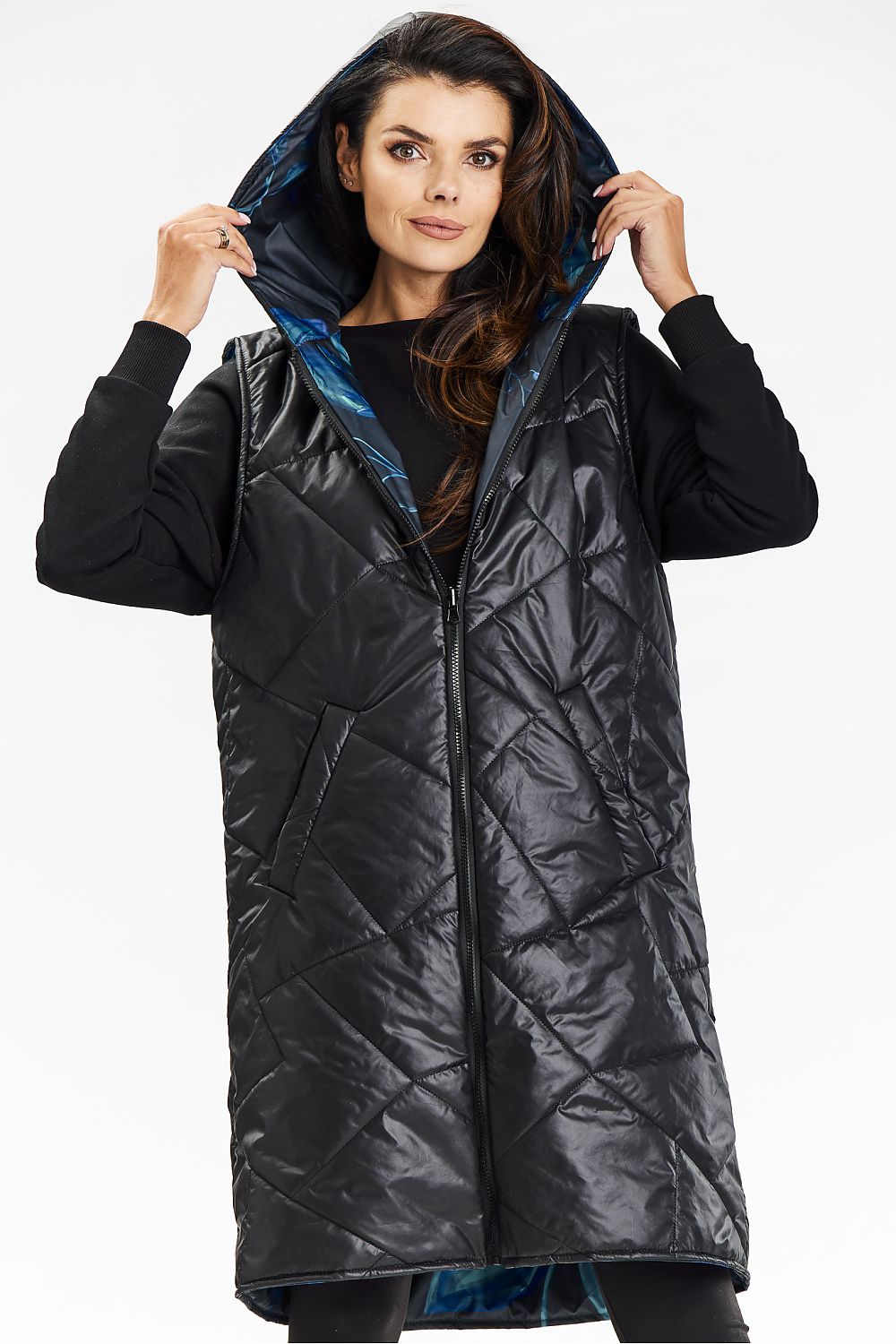 Luxurious double-sided vest by Awama featuring a stylish hood and zip closure, perfect for chic everyday outfits.