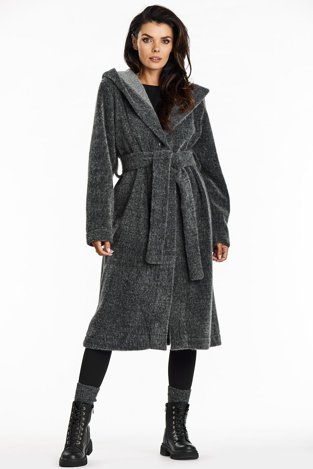 Elegant Awama long hooded coat with shawl collar, showcasing the luxurious teddy knit fabric and modern silhouette, perfect for autumn style.
