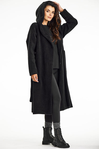 Elegant Awama long hooded coat with shawl collar in lightweight teddy knit fabric, showcasing a feminine silhouette, perfect for autumn.