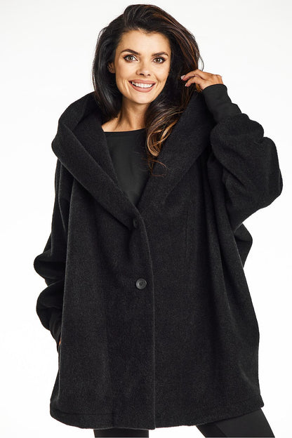 Elegant black hooded kimono coat by Awama, made from soft teddy knit for luxurious autumn comfort.