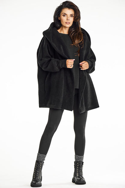 Front view of Awama's stylish black hooded kimono coat, showcasing its elegant design and loose fit.