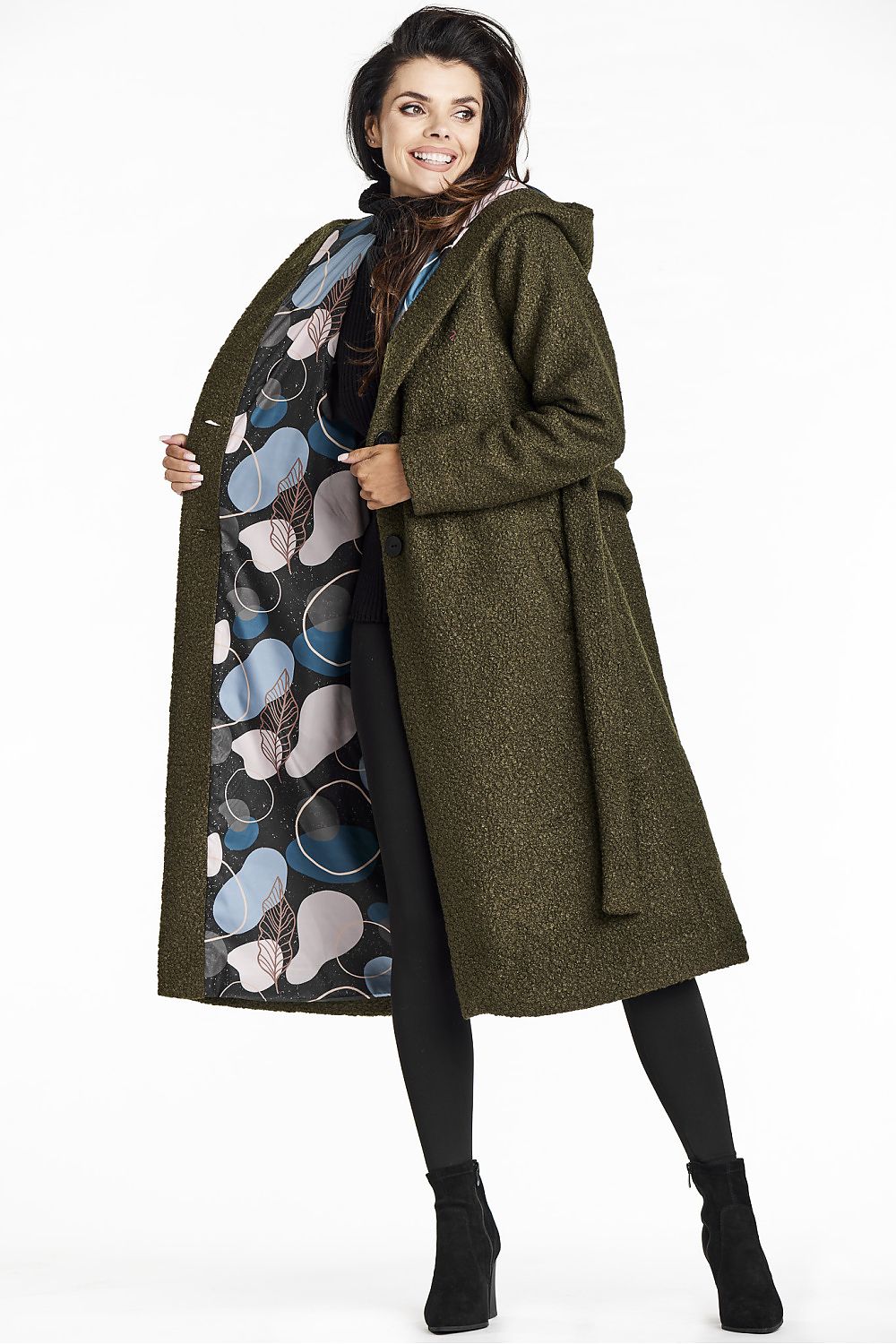 Sophisticated green bouclé coat with a shawl collar and hood, designed by Awama, perfect for autumn elegance.