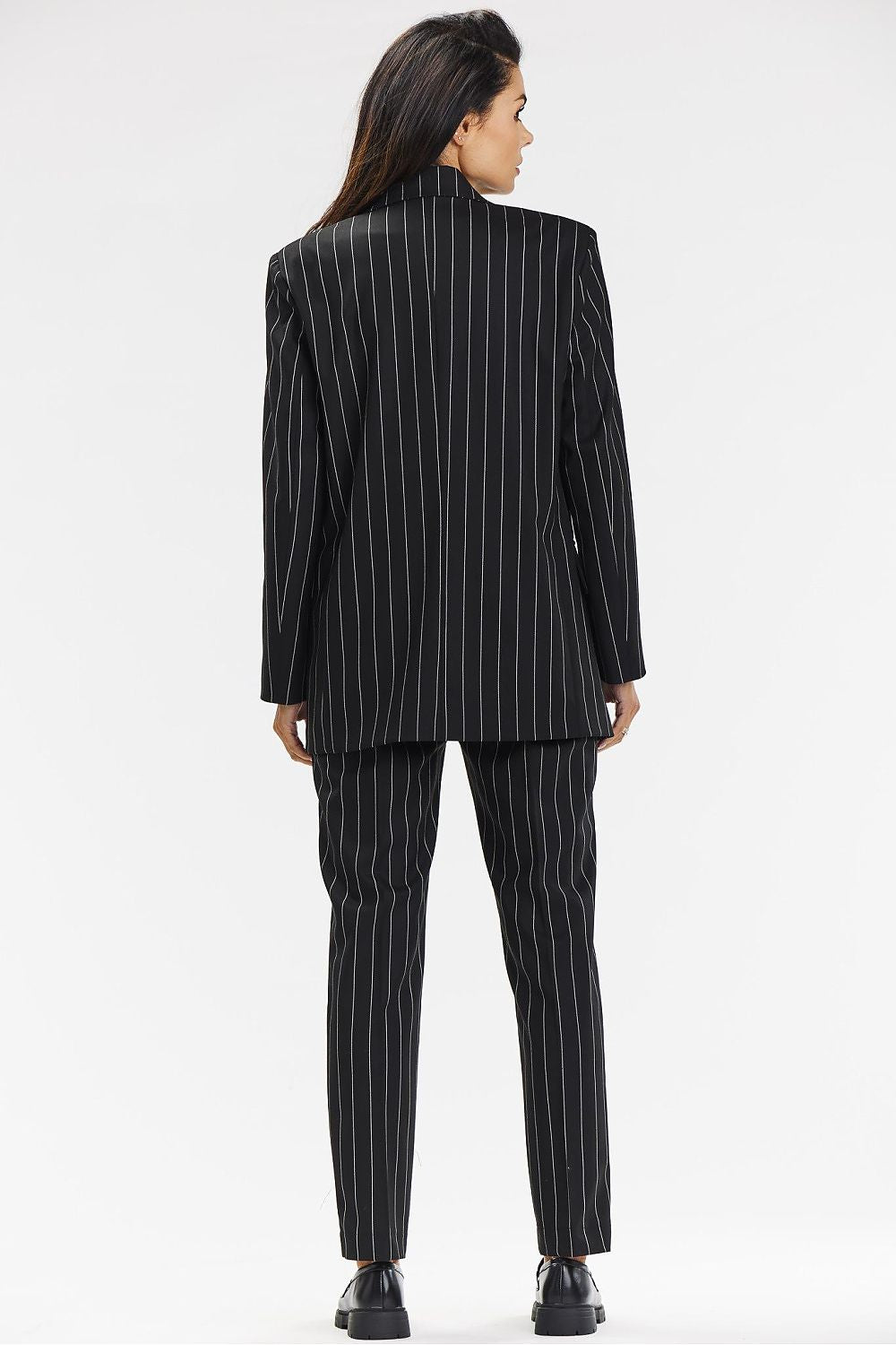 Back view of Awama Elegant Striped Blazer Jacket, highlighting its modern cut and elegant striped pattern.