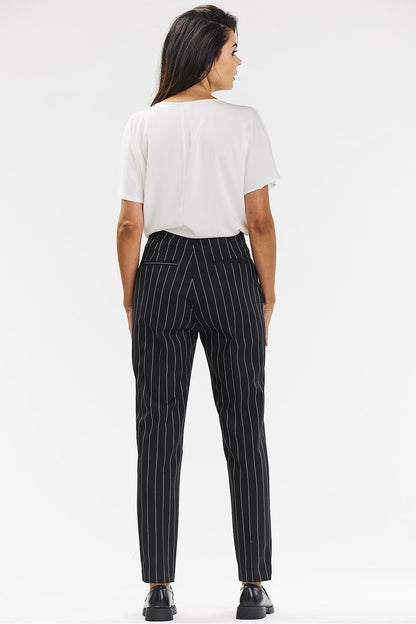 Elegant gray cigarette pants with white pinstripe designed by Awama, showcasing a tailored fit for women, perfect for both professional and casual occasions.