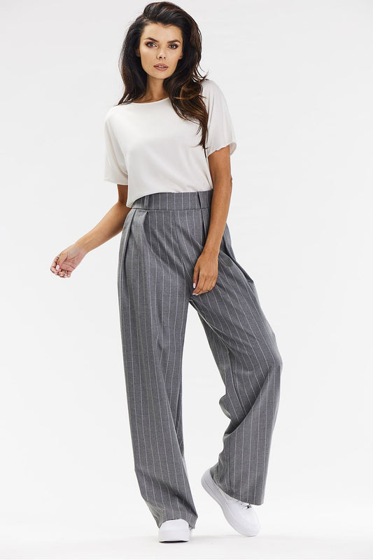 Elegant wide-leg grey trousers with white stripe by Awama, made from soft viscose fabric, perfect for chic office wear and casual styling.